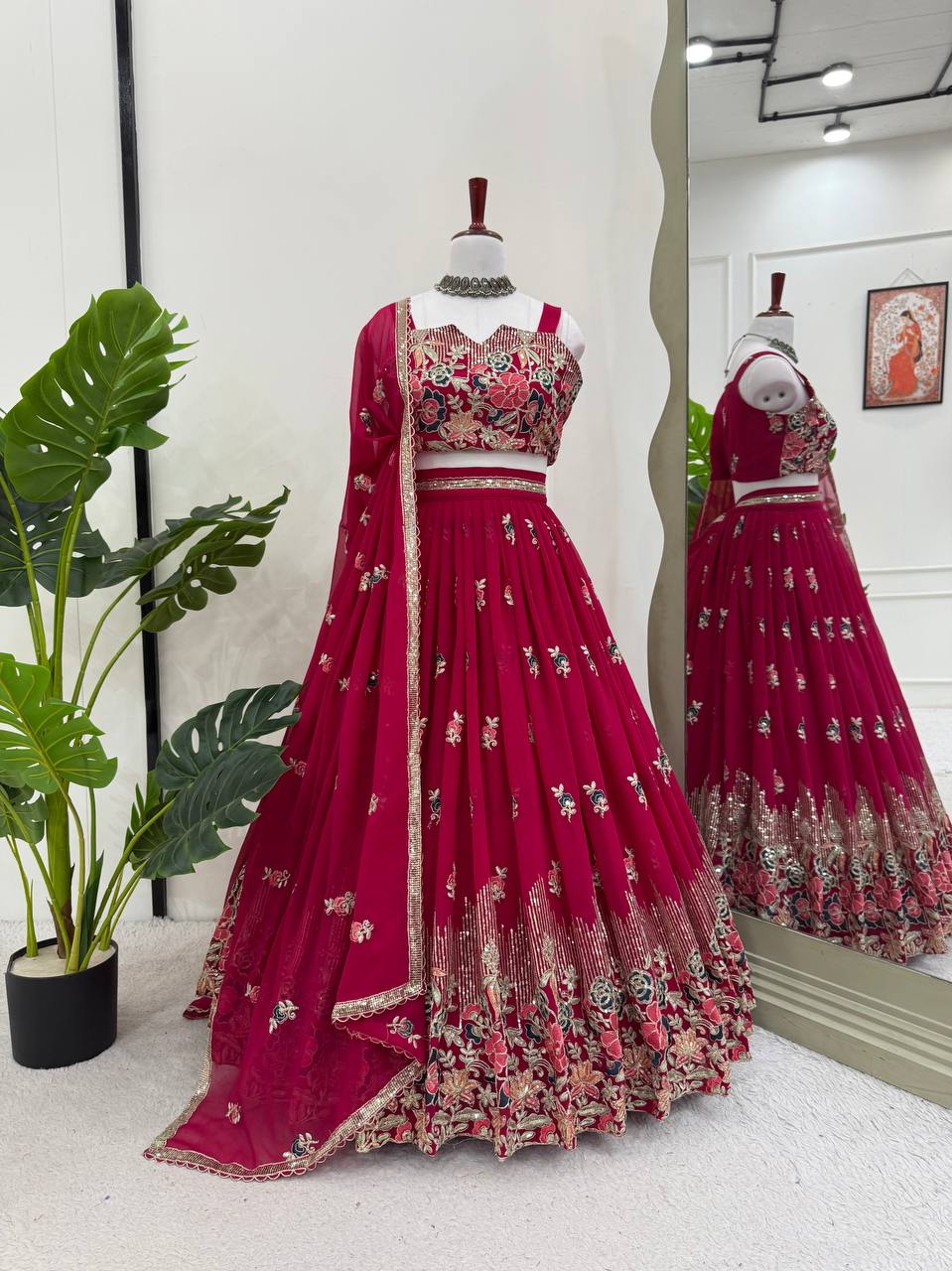 Faux Georgette Lehenga Set with Sequins & Double Dupatta