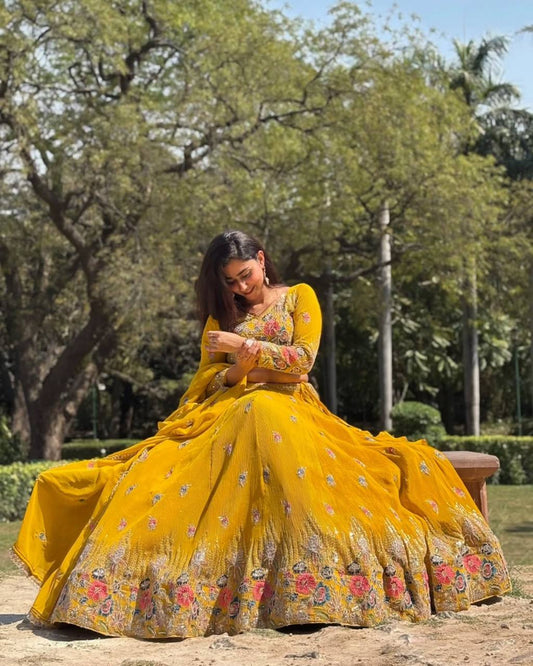 Faux Georgette Lehenga Set with Sequins & Double Dupatta