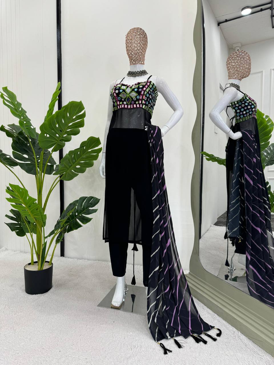 Georgette Real Mirror Work Suit Set with Digital Print Dupatta