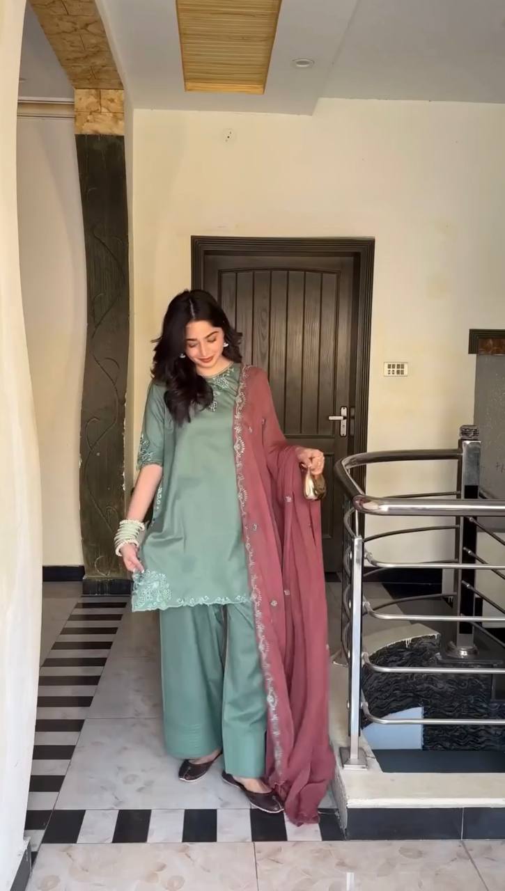 Thread Work Suit Set with Farshi Salwar & Dupatta