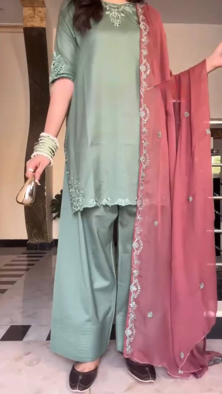 Thread Work Suit Set with Farshi Salwar & Dupatta