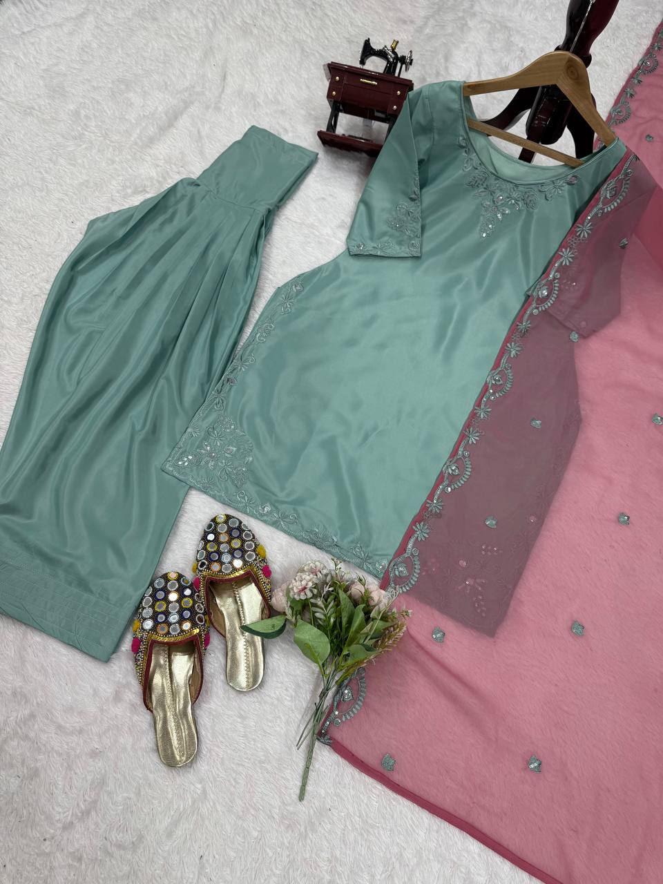 Thread Work Suit Set with Farshi Salwar & Dupatta