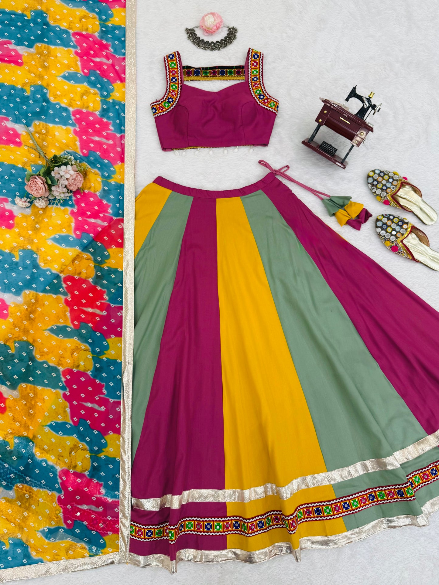 Heavy Rayon Gamthi Mirror Work Lehenga with Dupatta – 4 Meter Flair