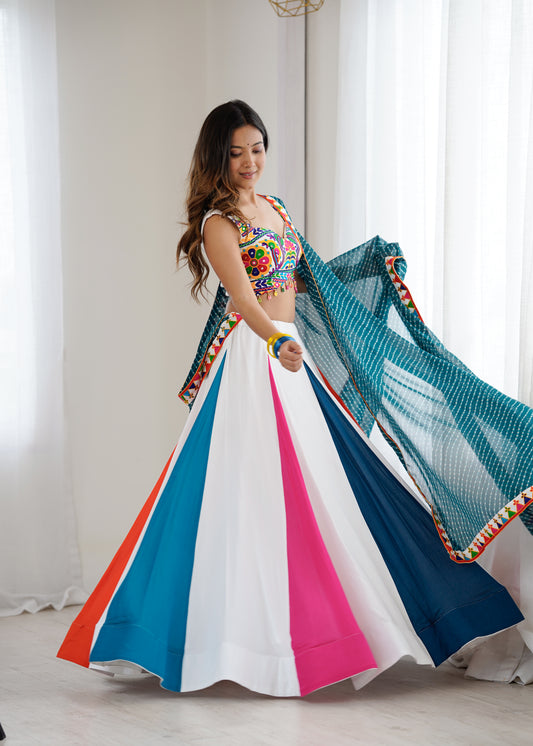Heavy Rayon Lehenga Choli with Mirror & Kodi Work Blouse and Georgette Dupatta