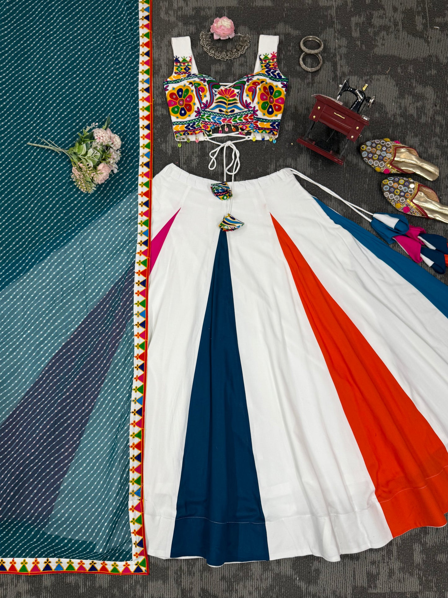 Heavy Rayon Lehenga Choli with Mirror & Kodi Work Blouse and Georgette Dupatta