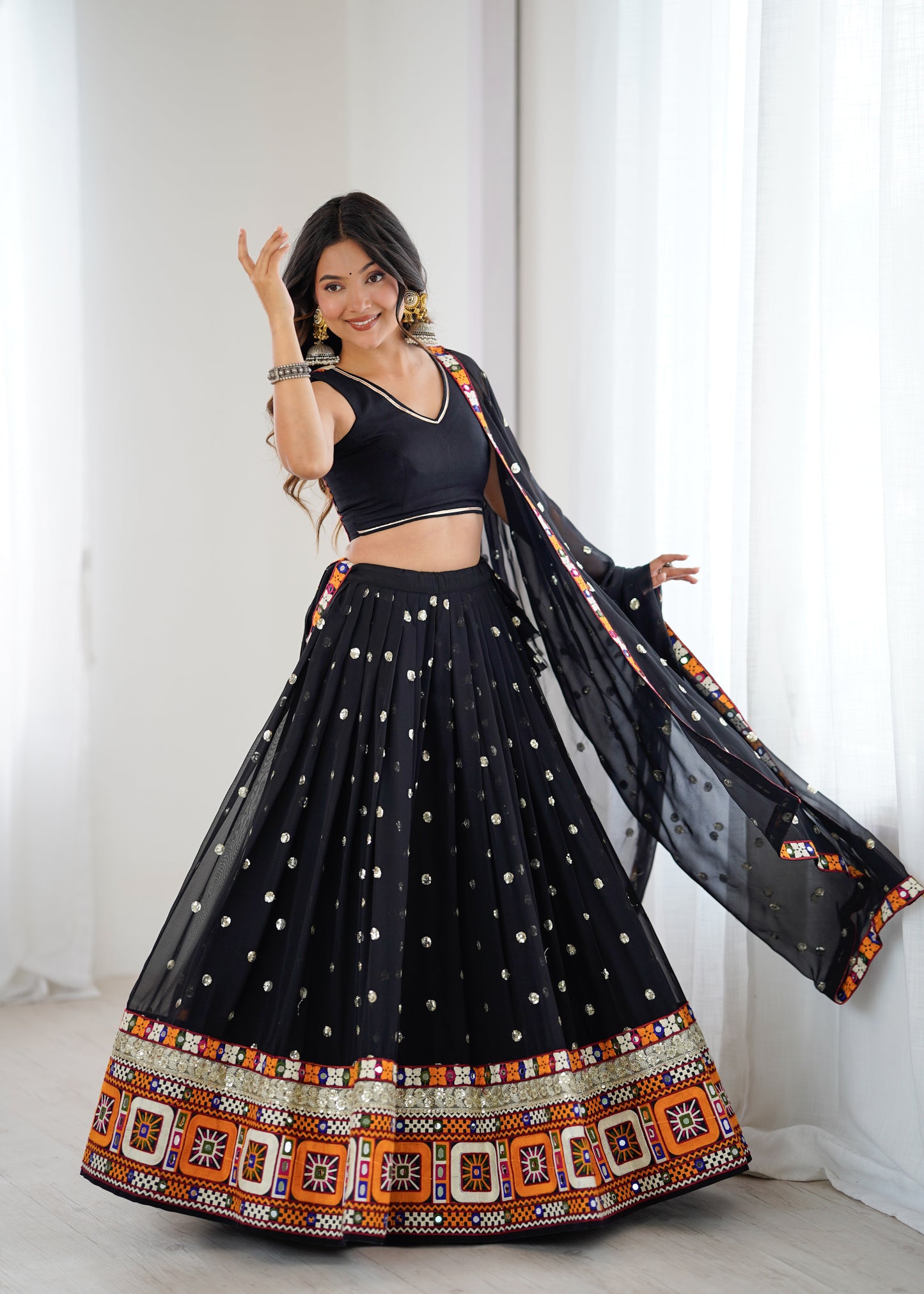 Heavy Faux Georgette Lehenga Choli with Mirror & Sequin Work