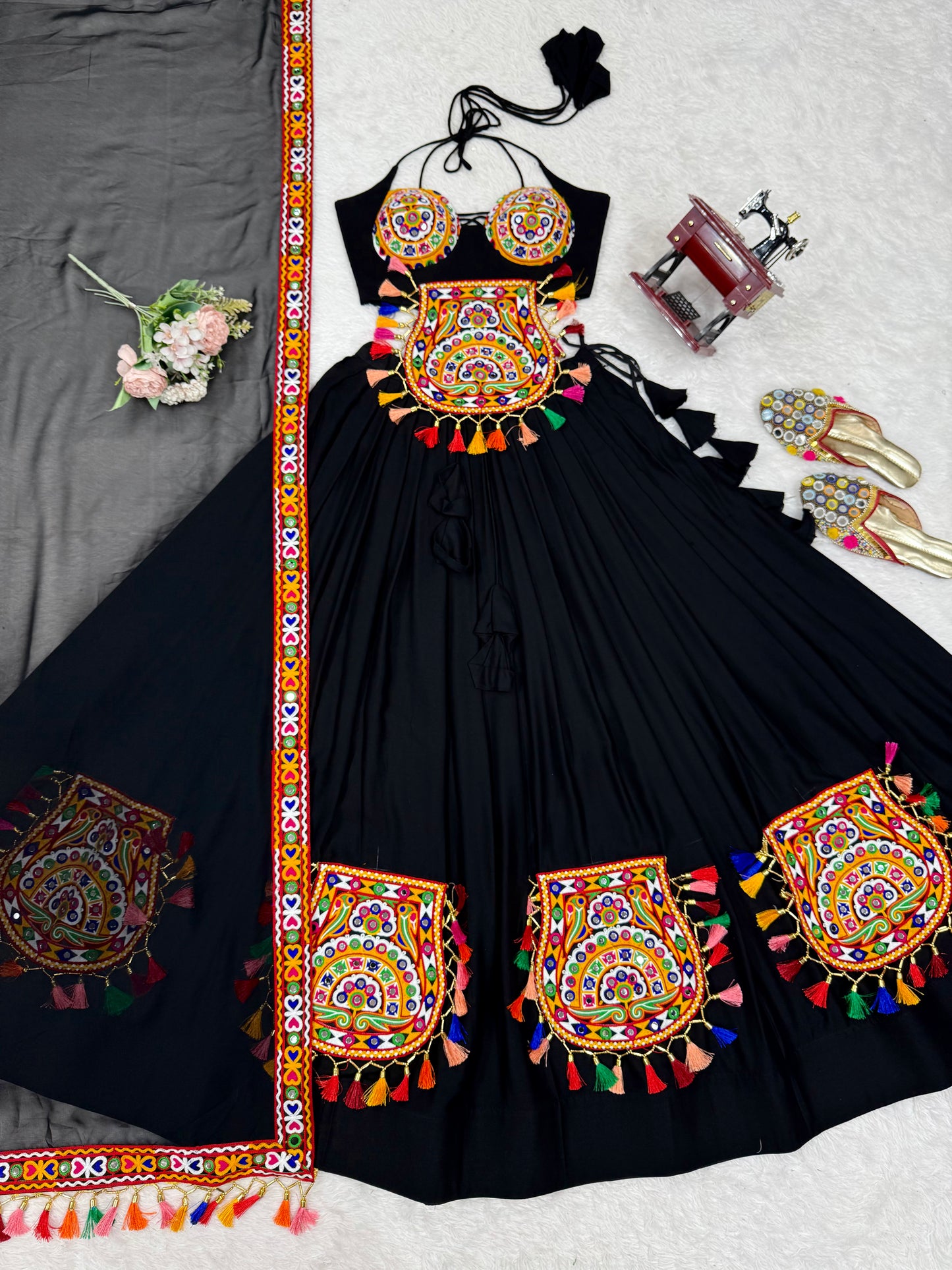 Rayon Lehenga Choli with Mirror & Tassel Work and Gamthi Lace Dupatta