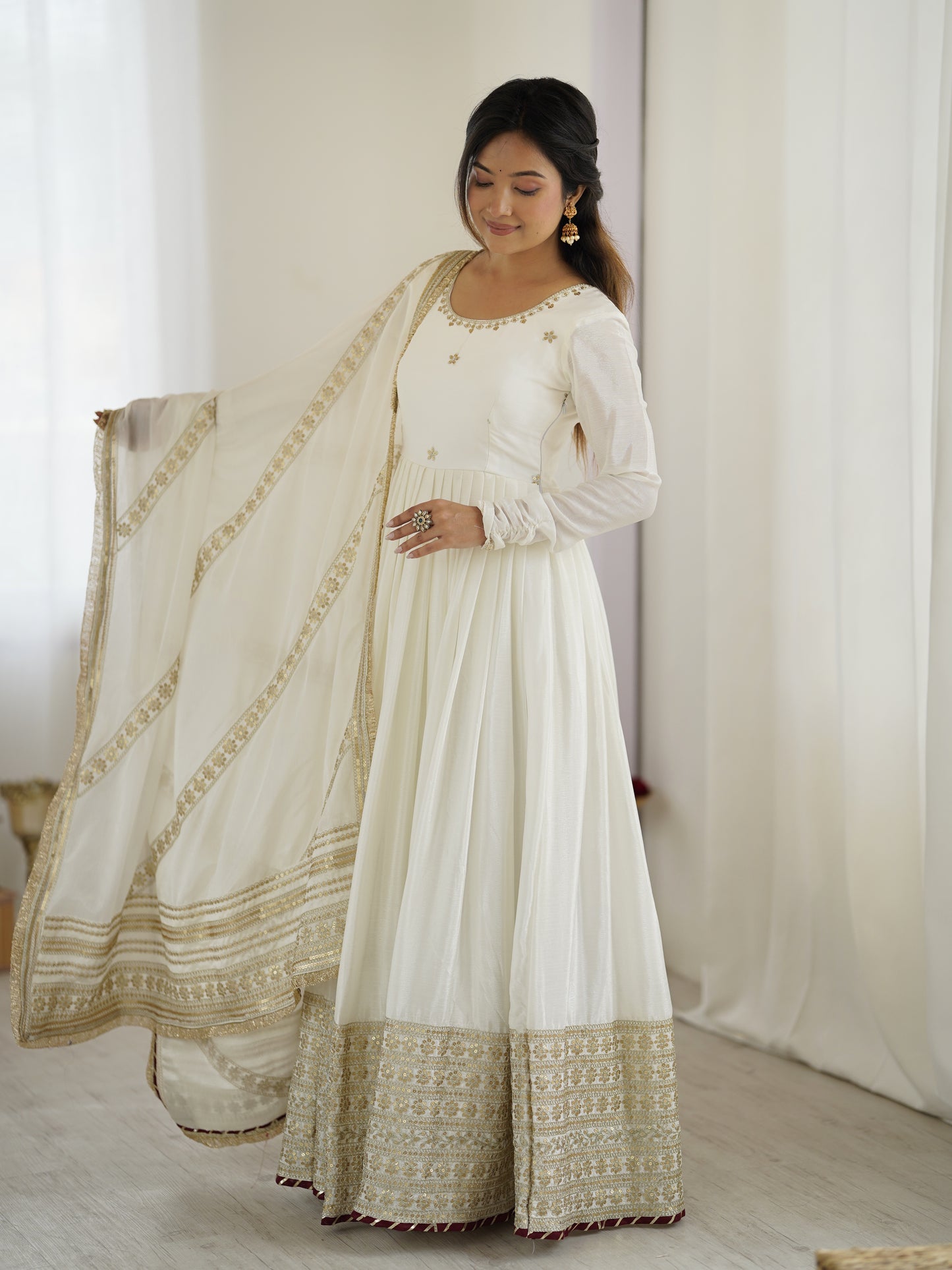 Chinon Silk Gown Set with Thread & Sequin Work