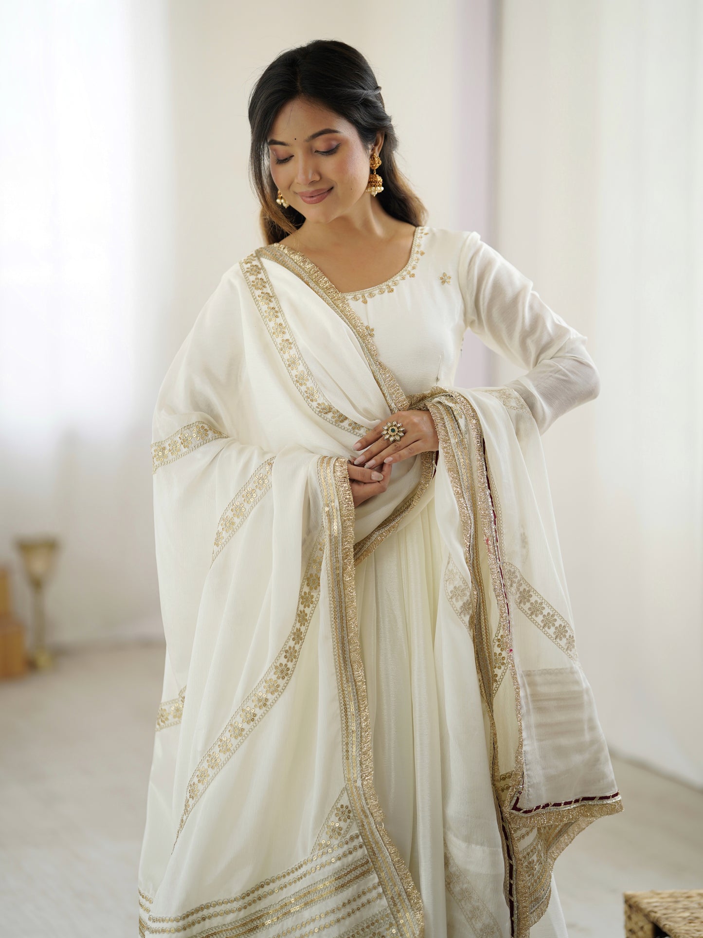 Chinon Silk Gown Set with Thread & Sequin Work