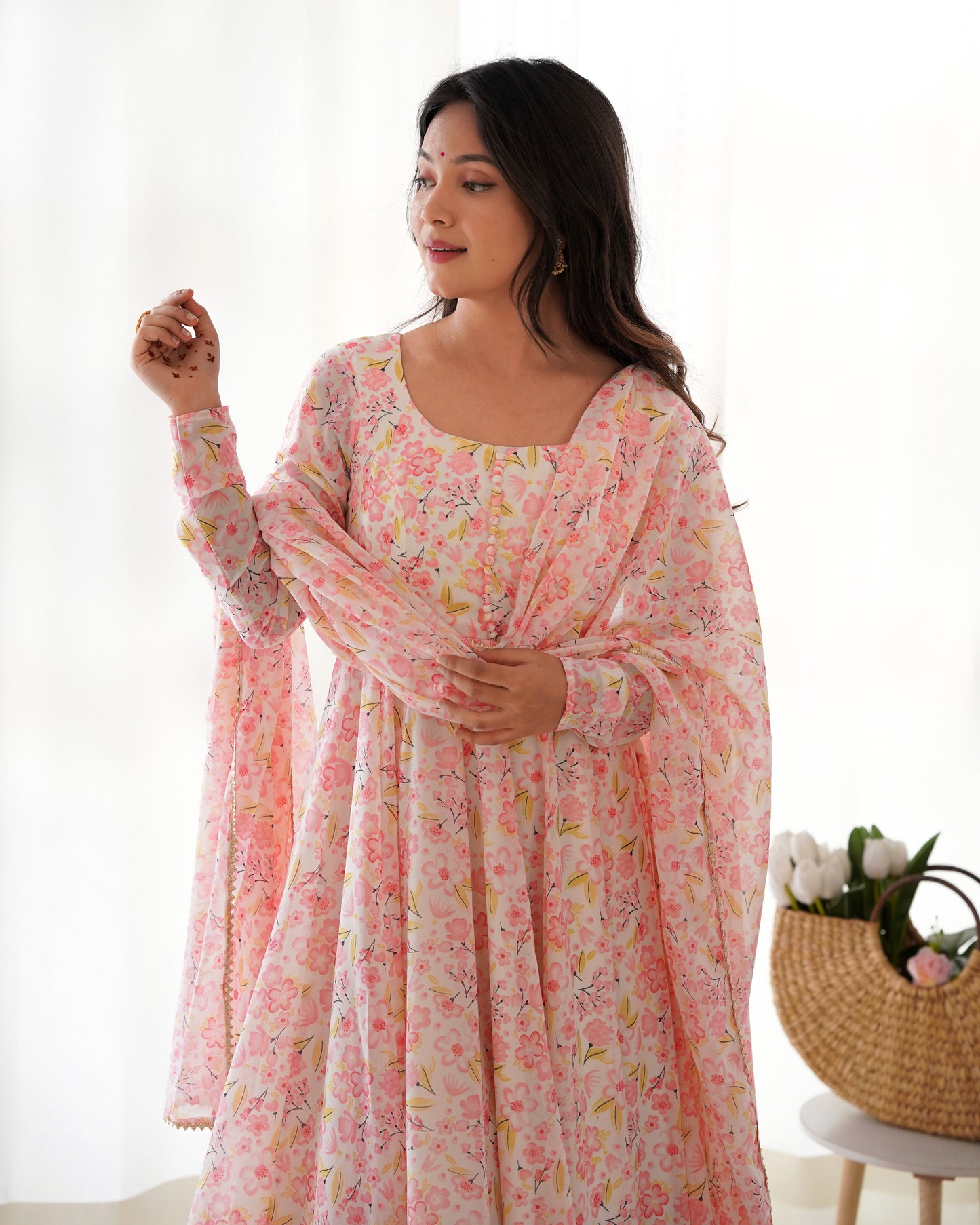 Chiffon Anarkali Set with Dupatta & Pants
