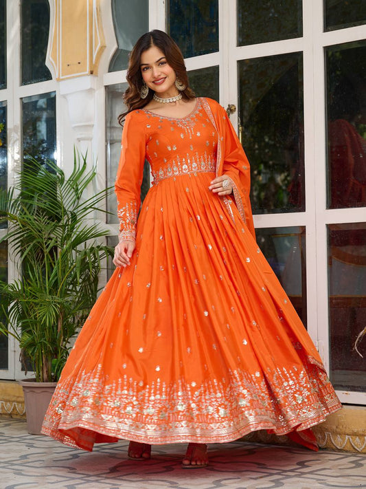 Silk Gown Set with Thread & Sequin Work