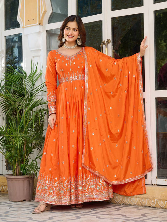 Silk Gown Set with Thread & Sequin Work