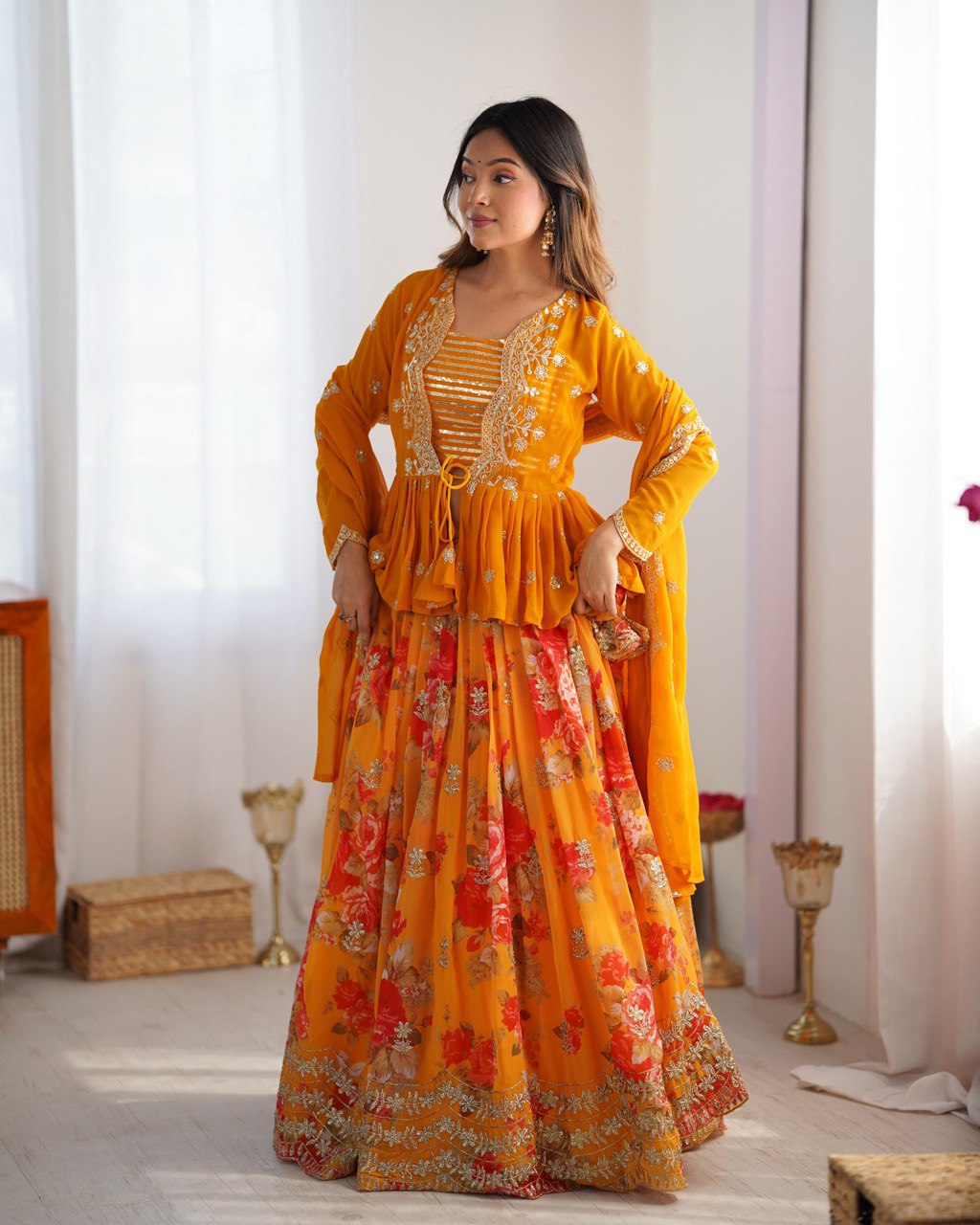 Georgette Lehenga Set with Koti & Dupatta