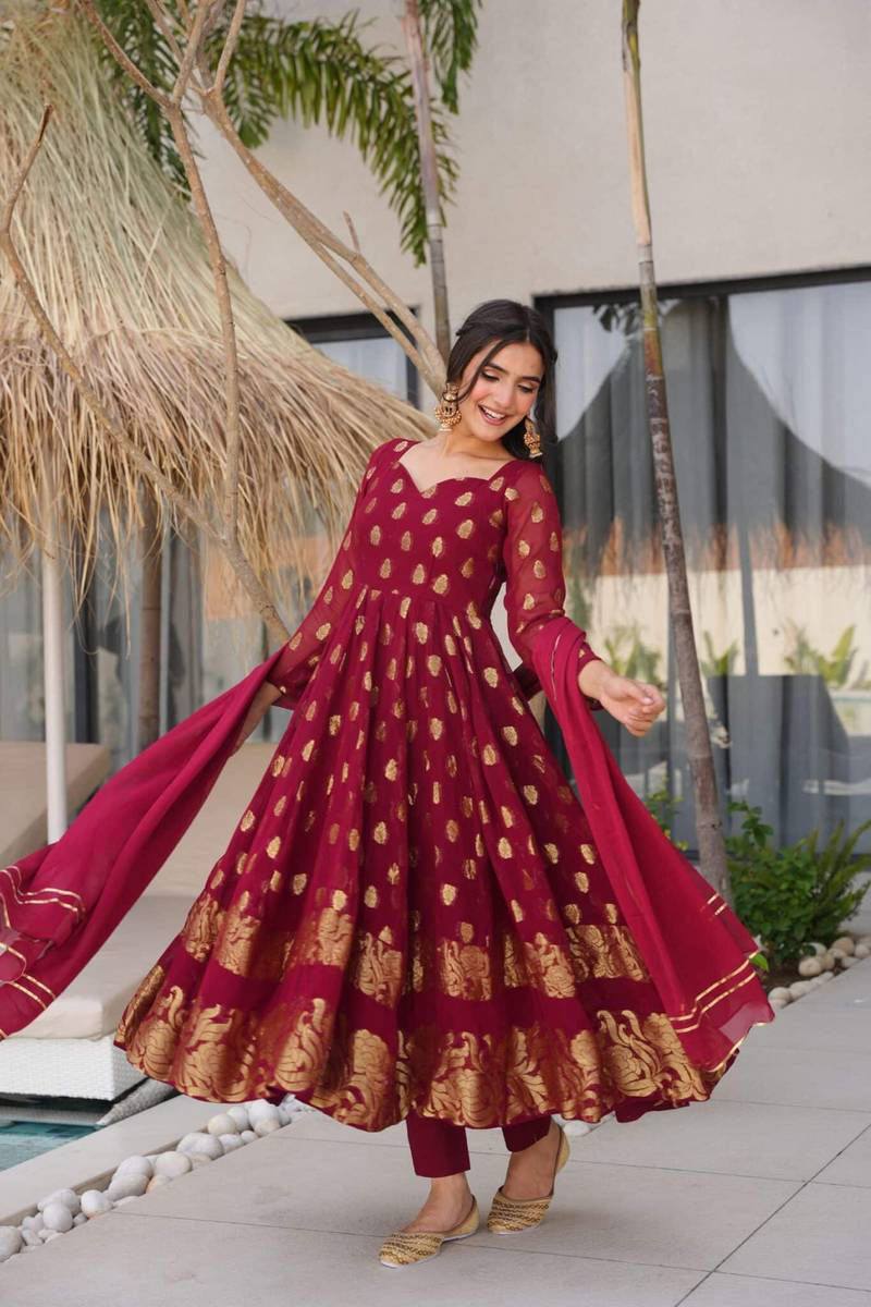 Jacquard Weaving Anarkali with Micro Cotton Pant & Georgette Dupatta