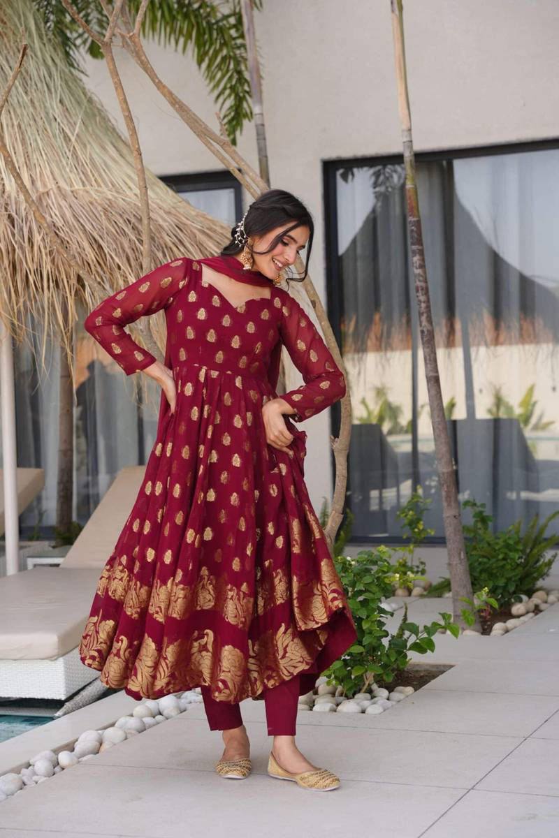 Jacquard Weaving Anarkali with Micro Cotton Pant & Georgette Dupatta