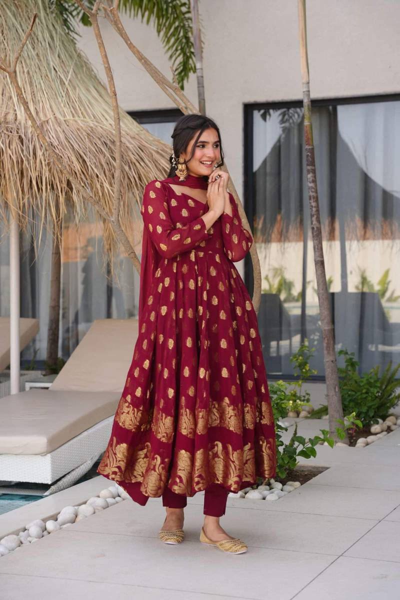 Jacquard Weaving Anarkali with Micro Cotton Pant & Georgette Dupatta