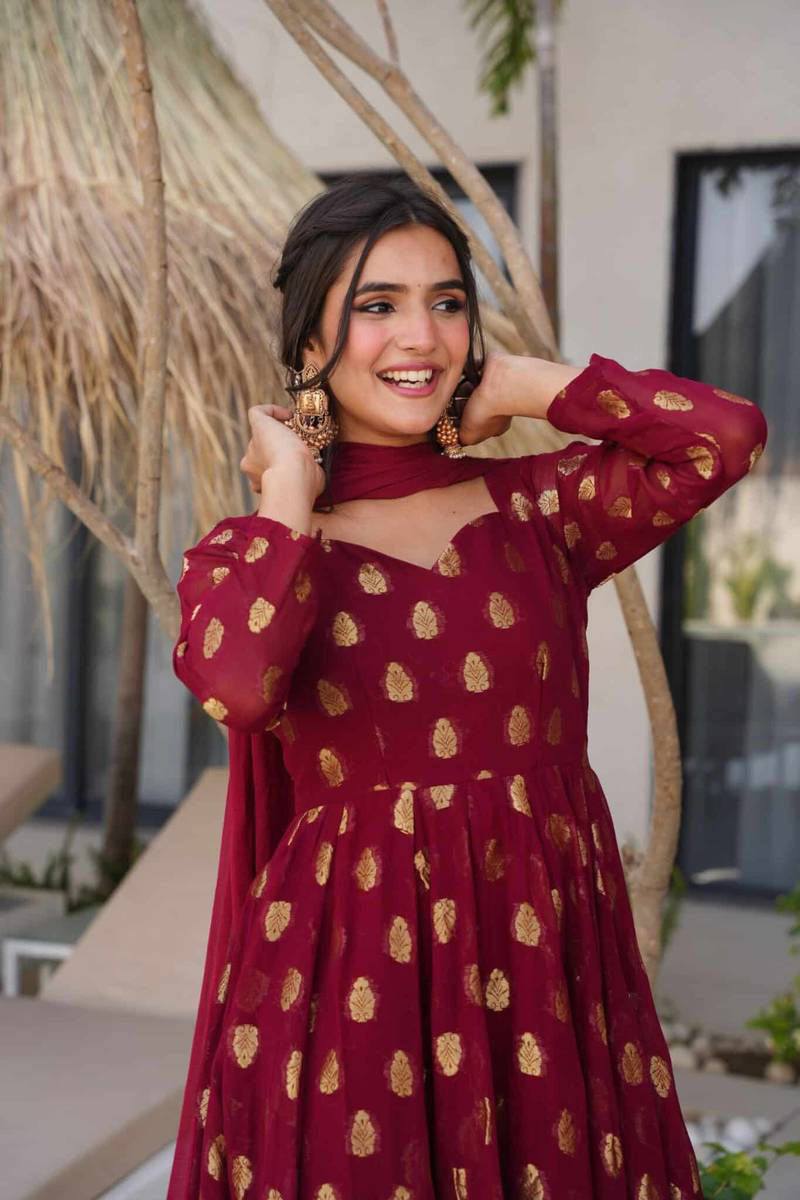 Jacquard Weaving Anarkali with Micro Cotton Pant & Georgette Dupatta