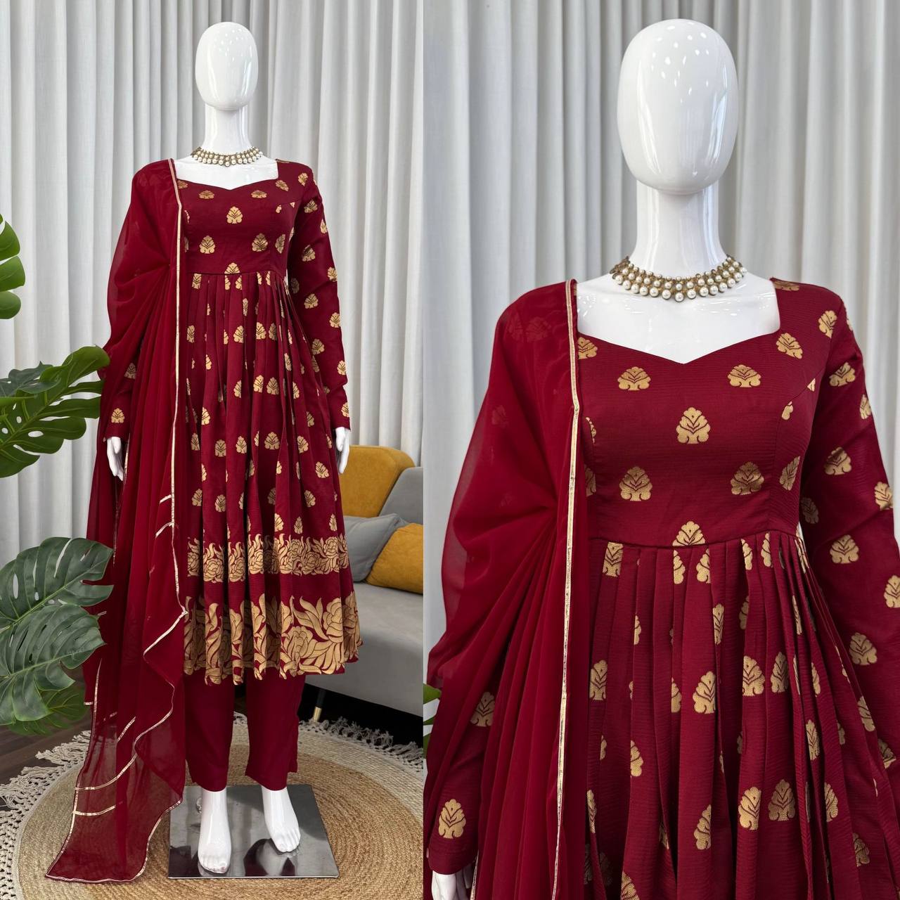 Jacquard Weaving Anarkali with Micro Cotton Pant & Georgette Dupatta