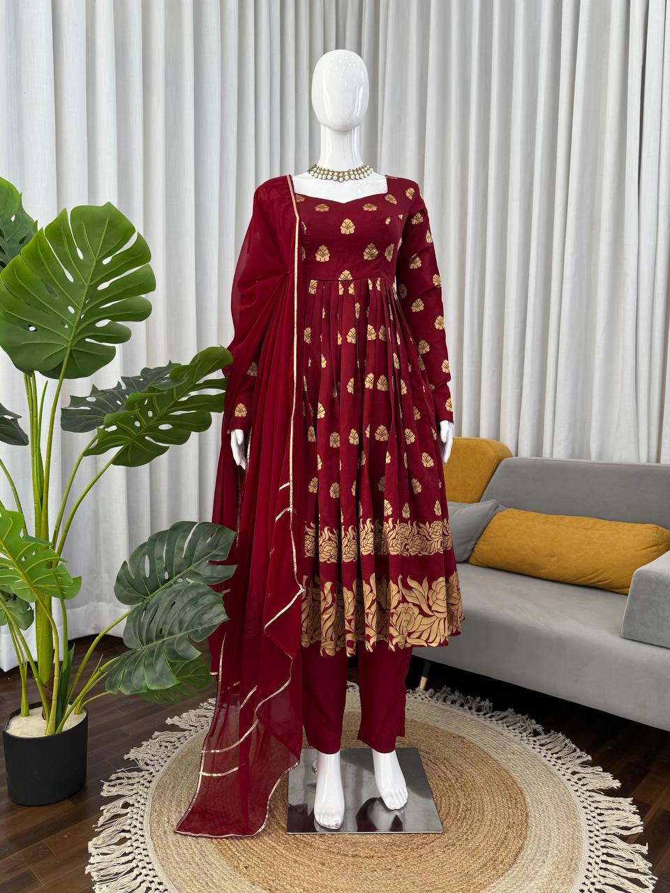 Jacquard Weaving Anarkali with Micro Cotton Pant & Georgette Dupatta