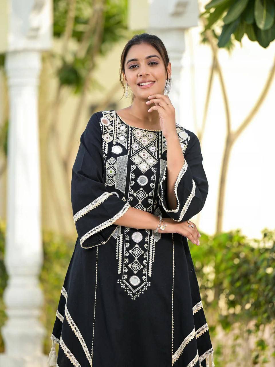 Rayon Cotton 2-Piece Set with Real Mirror Work & Fancy Lace Detailing