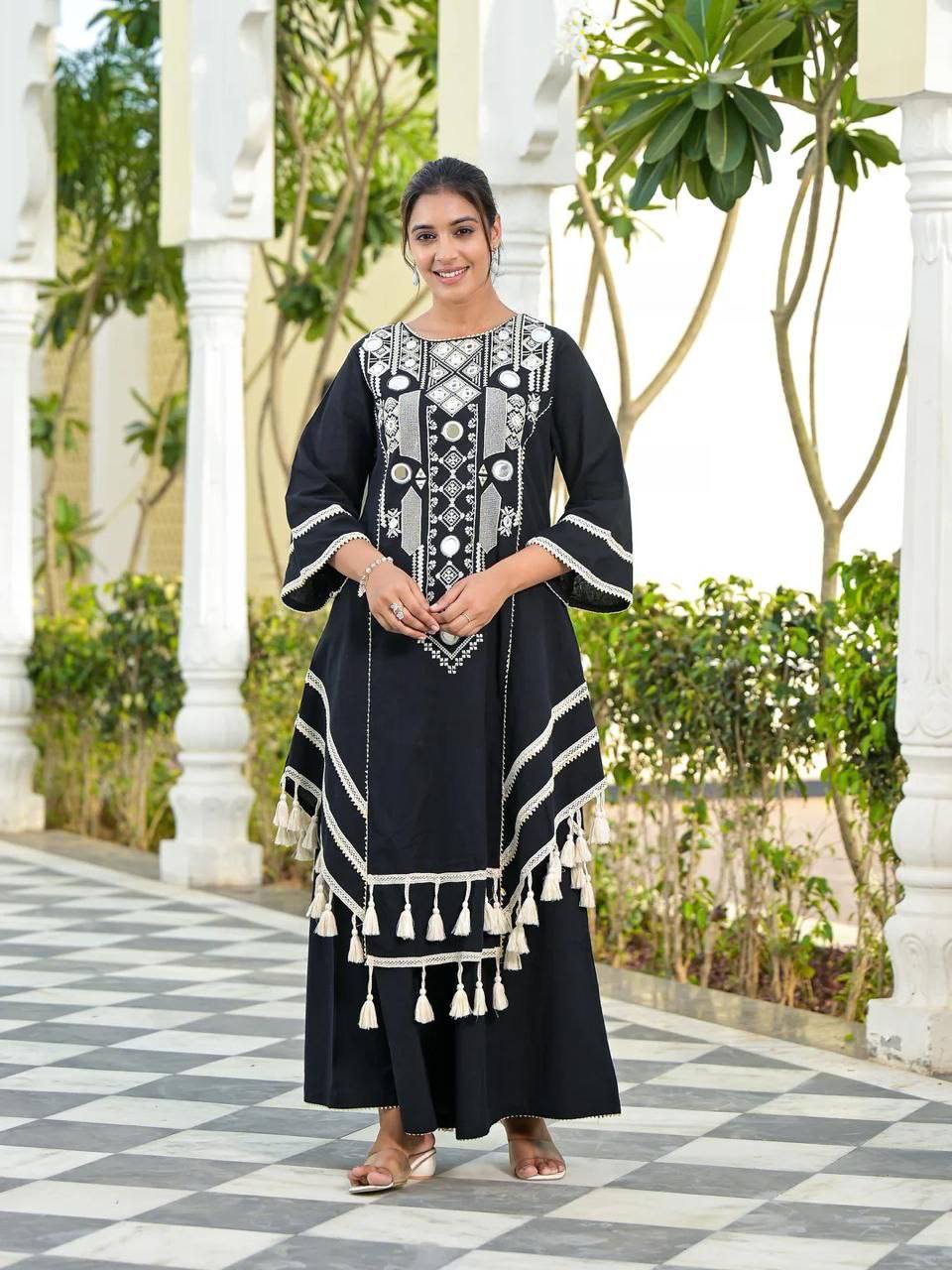 Rayon Cotton 2-Piece Set with Real Mirror Work & Fancy Lace Detailing