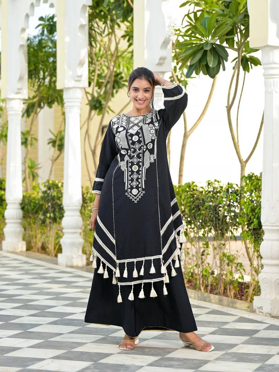 Rayon Cotton 2-Piece Set with Real Mirror Work & Fancy Lace Detailing