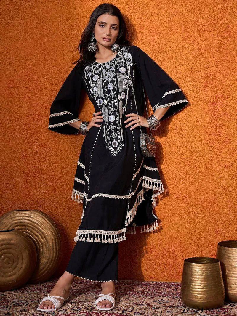 Rayon Cotton 2-Piece Set with Real Mirror Work & Fancy Lace Detailing