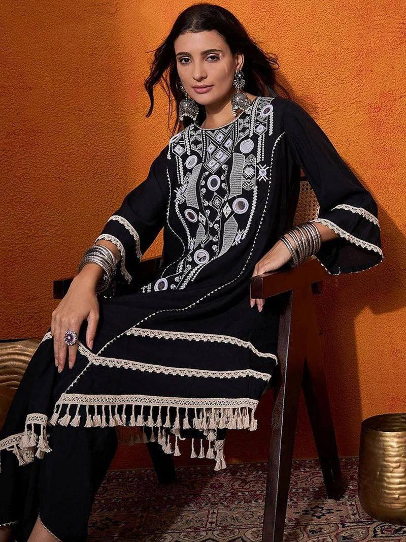 Rayon Cotton 2-Piece Set with Real Mirror Work & Fancy Lace Detailing