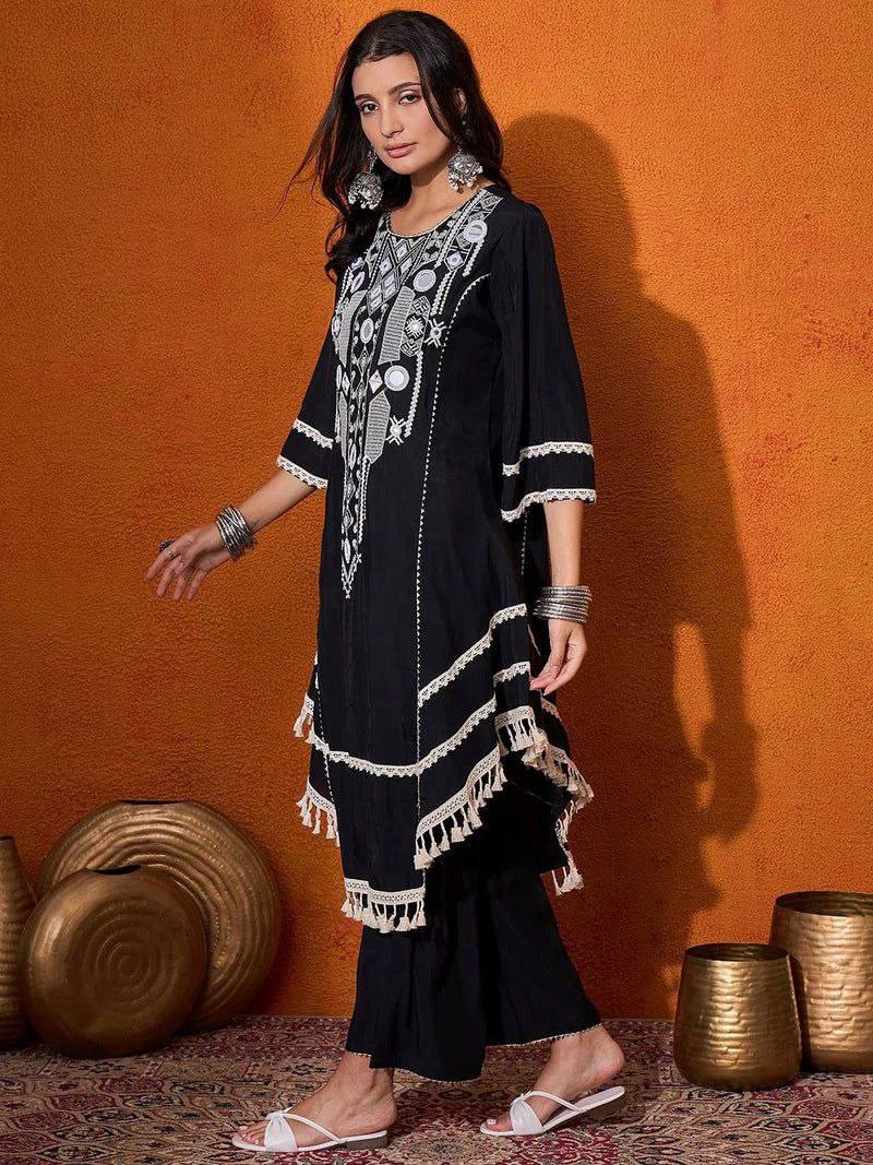 Rayon Cotton 2-Piece Set with Real Mirror Work & Fancy Lace Detailing