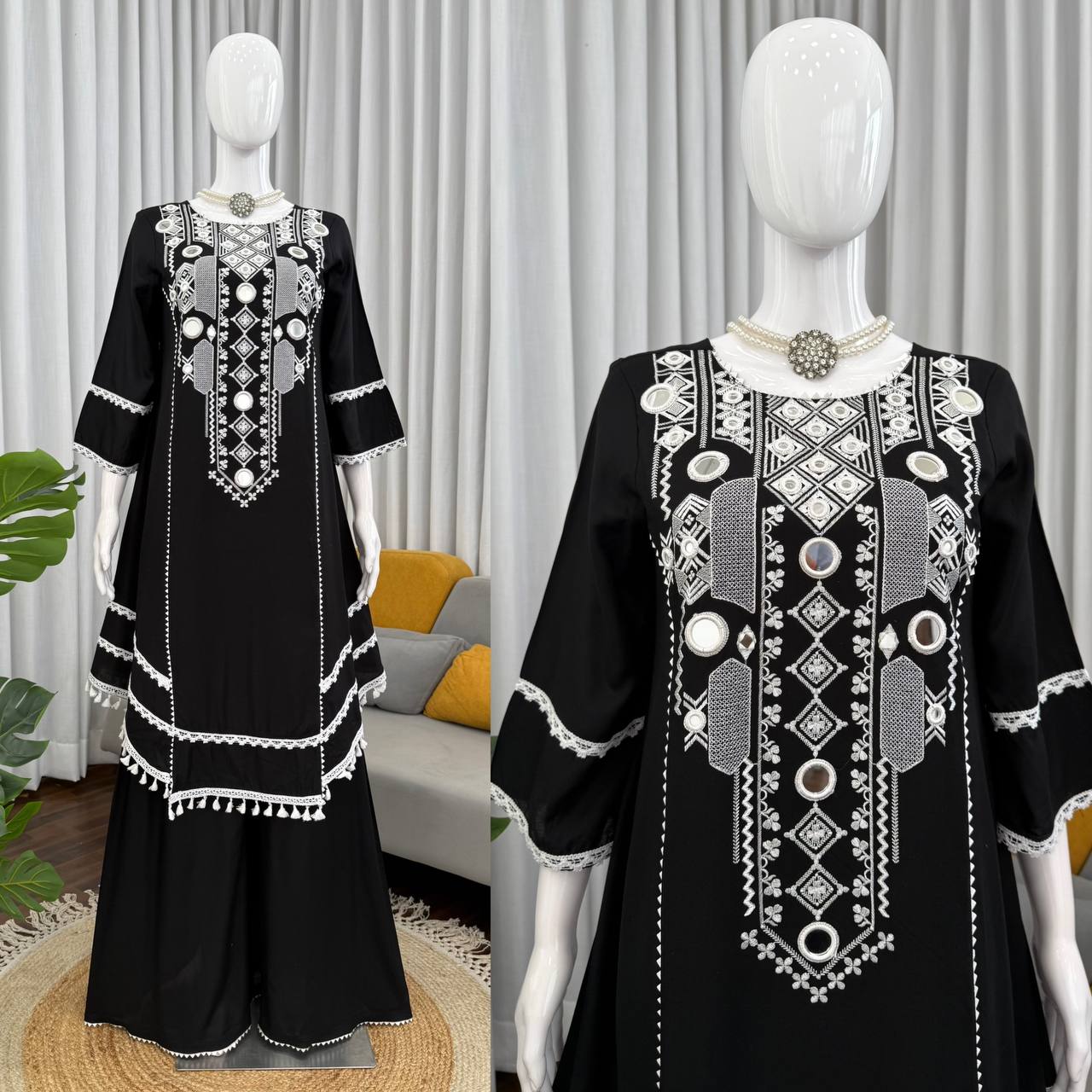 Rayon Cotton 2-Piece Set with Real Mirror Work & Fancy Lace Detailing