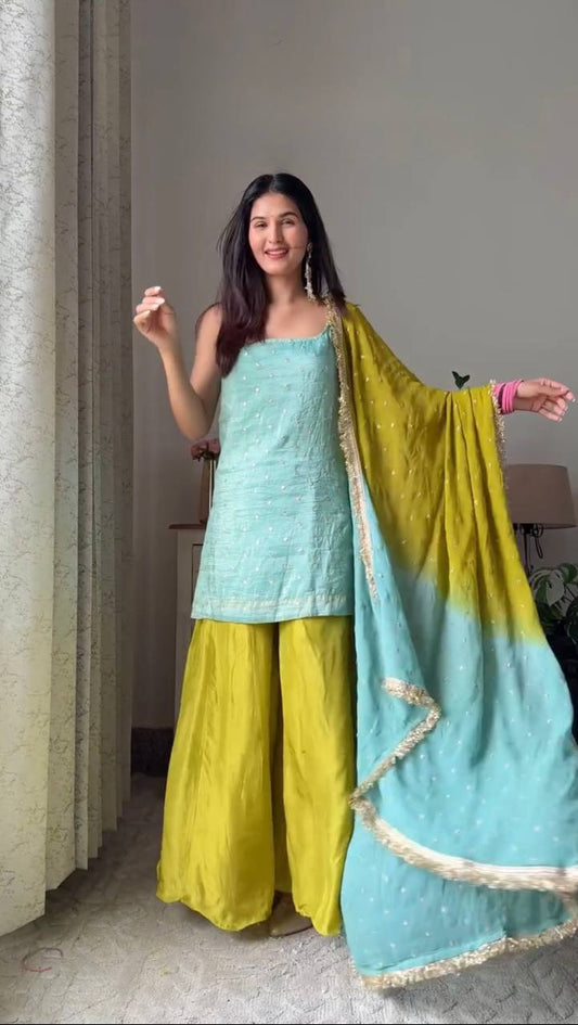 Chinon Silk Top with Plazo & Sequins Work Dupatta