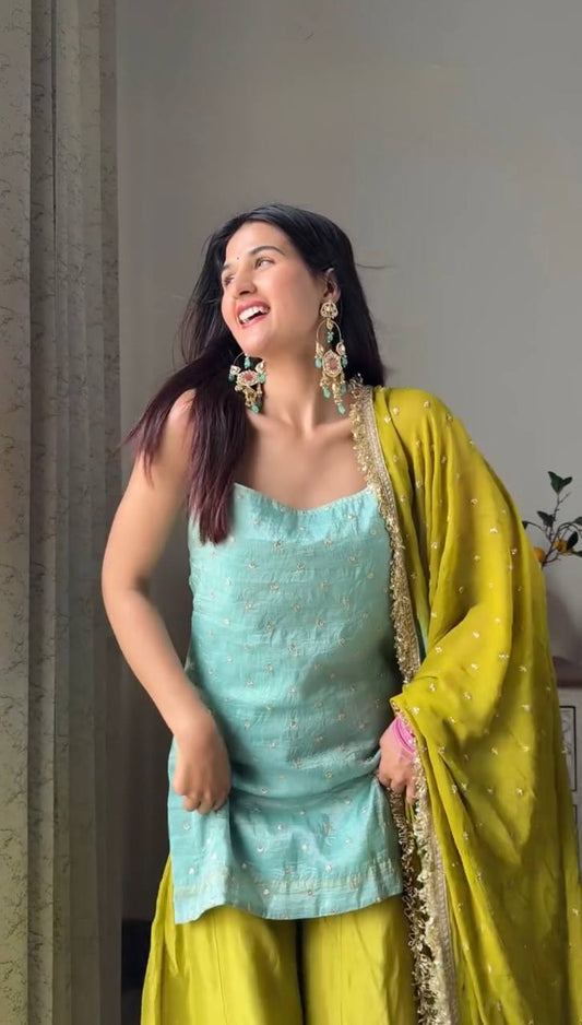 Chinon Silk Top with Plazo & Sequins Work Dupatta
