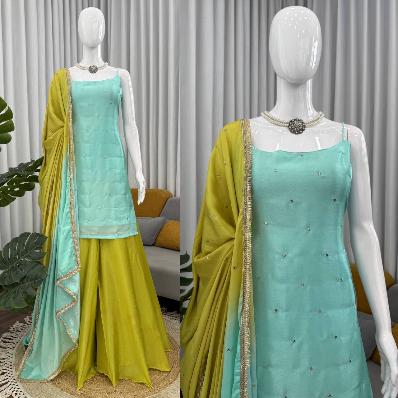 Chinon Silk Top with Plazo & Sequins Work Dupatta