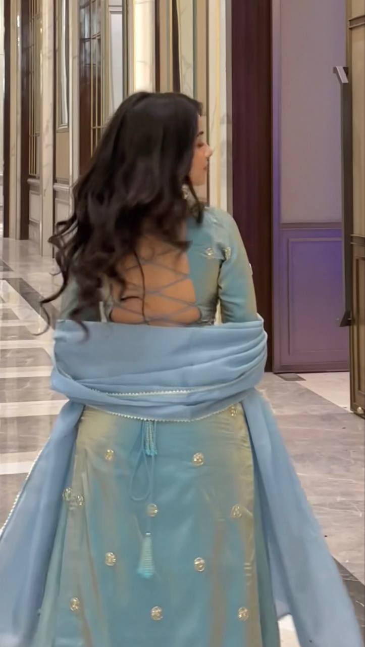 Silk Sequins Work Top with Plazo & Dupatta