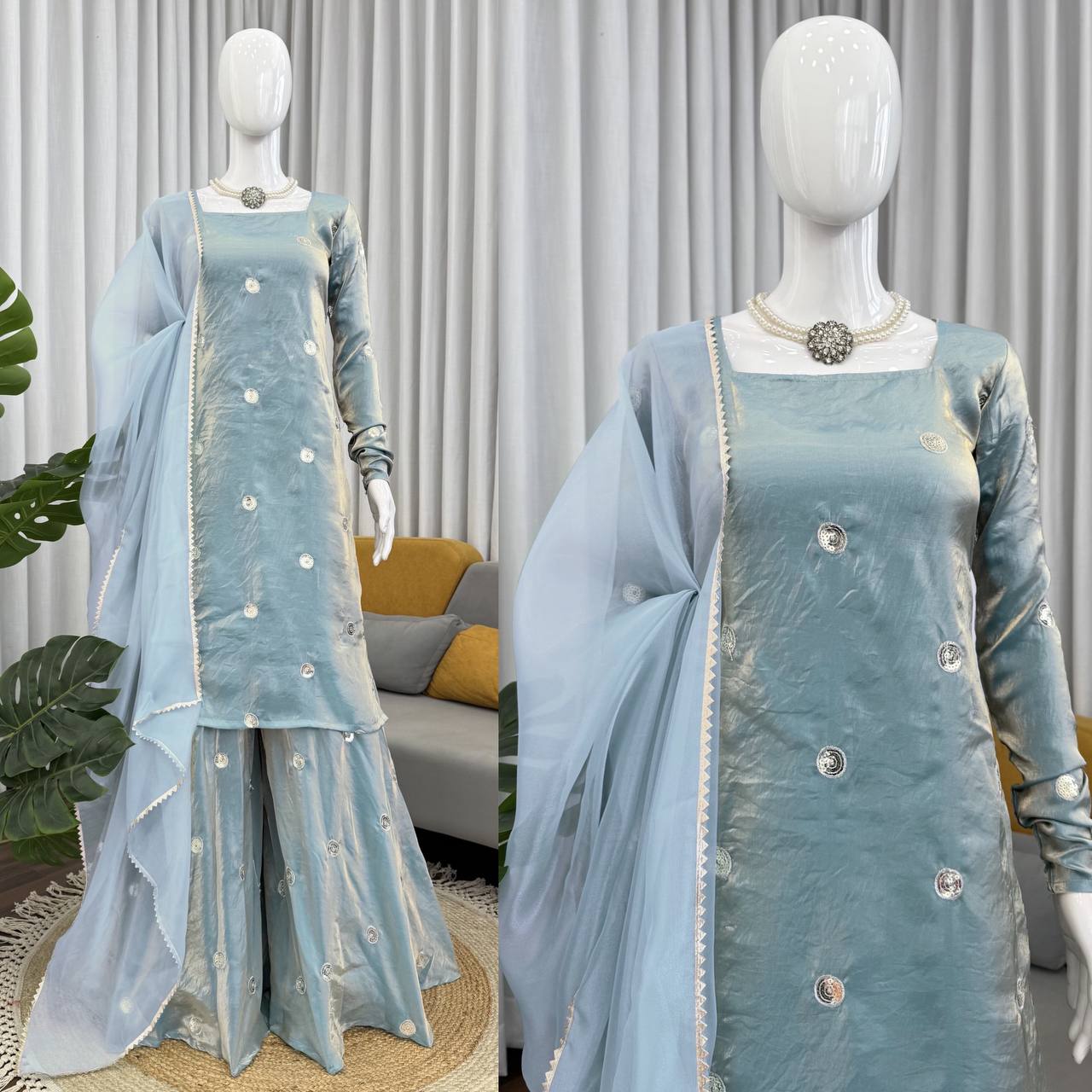 Silk Sequins Work Top with Plazo & Dupatta