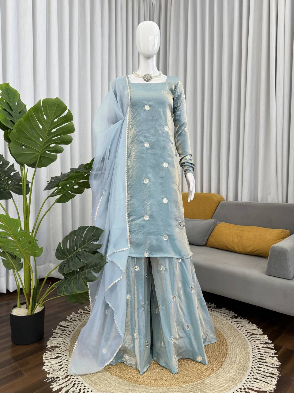 Silk Sequins Work Top with Plazo & Dupatta