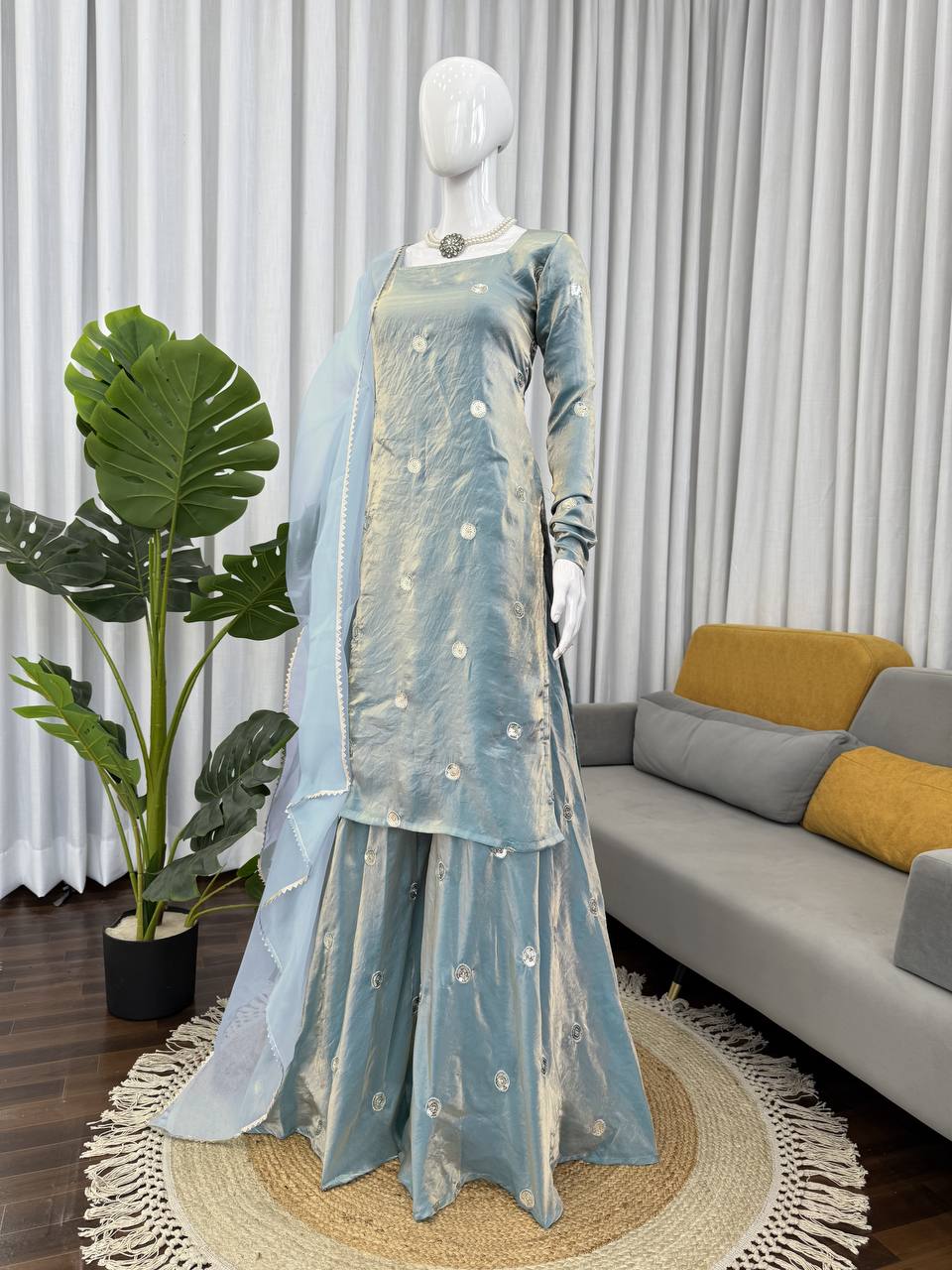 Silk Sequins Work Top with Plazo & Dupatta