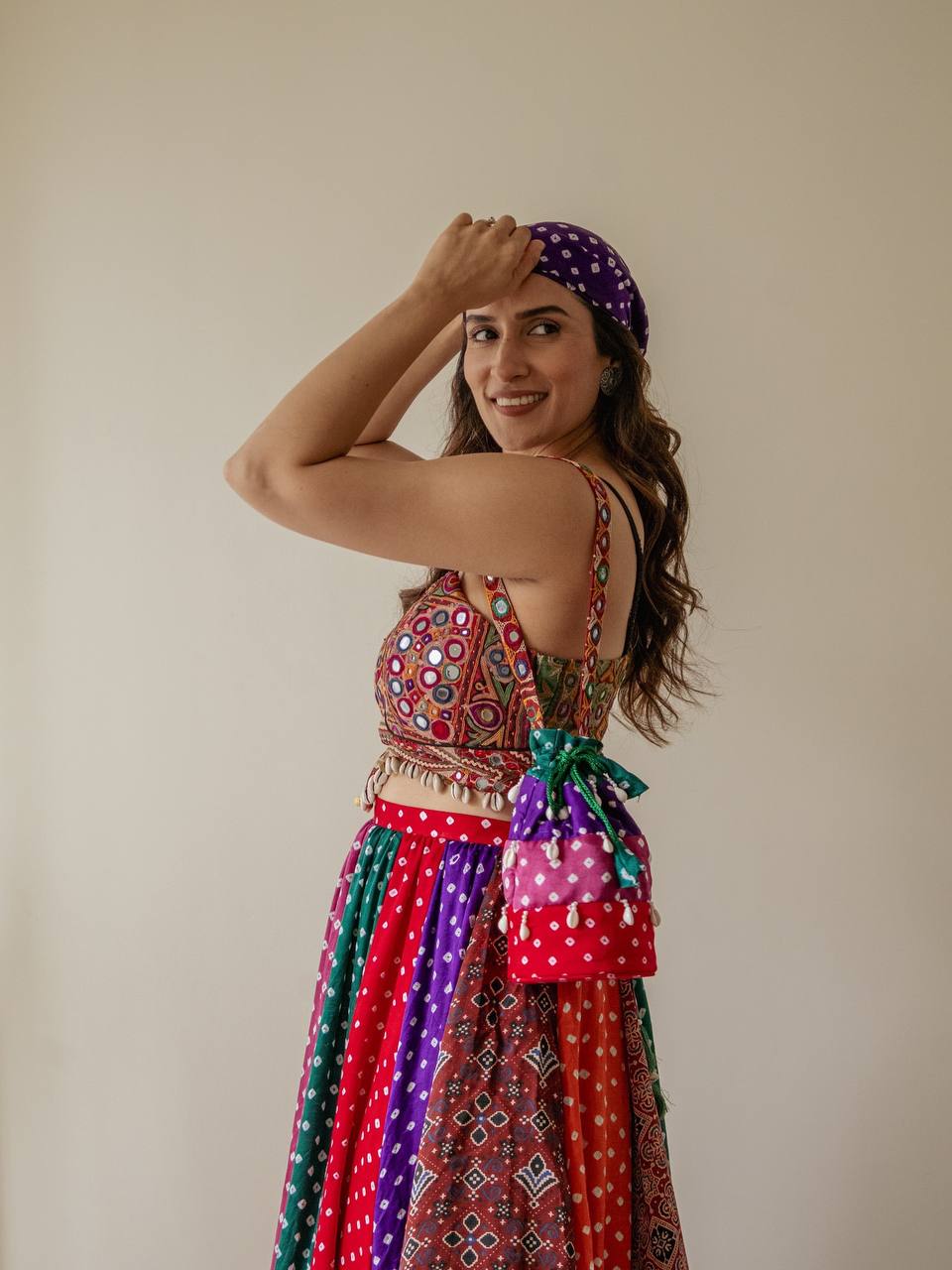 Lehenga with Digital Print & Gamthi Mirror Work Blouse