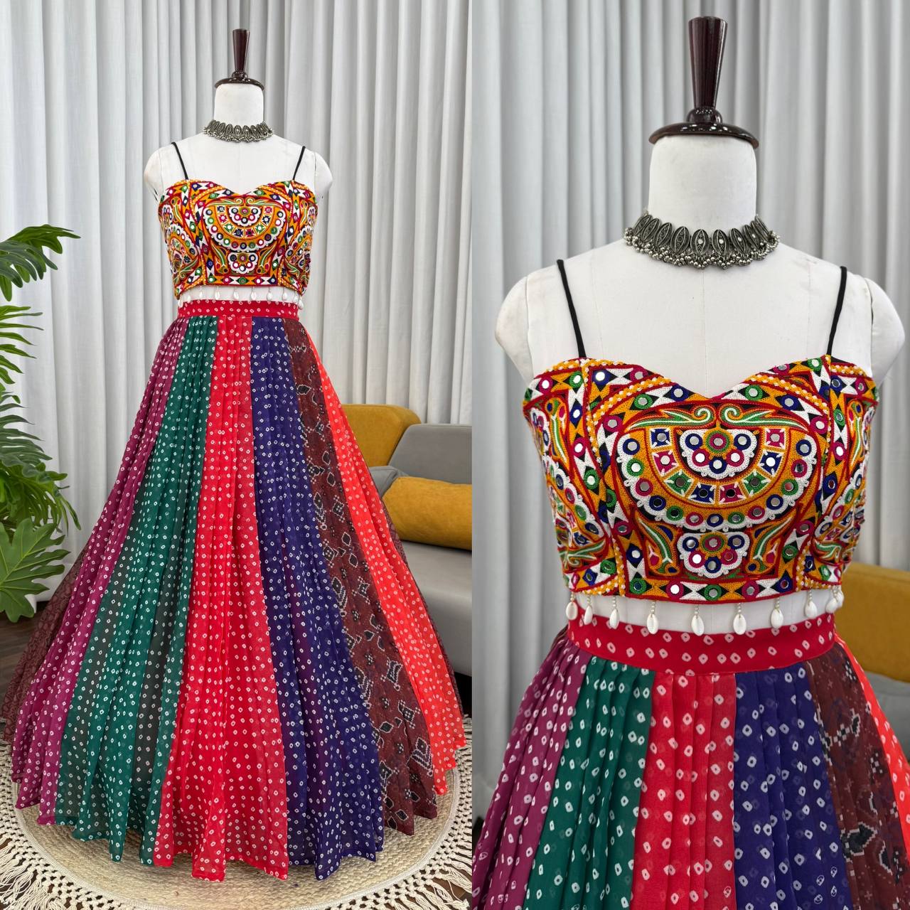 Lehenga with Digital Print & Gamthi Mirror Work Blouse