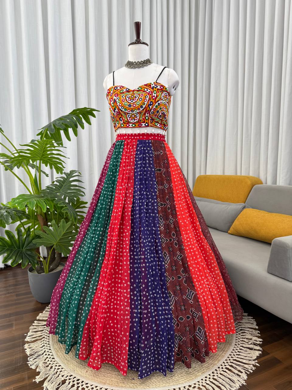 Lehenga with Digital Print & Gamthi Mirror Work Blouse