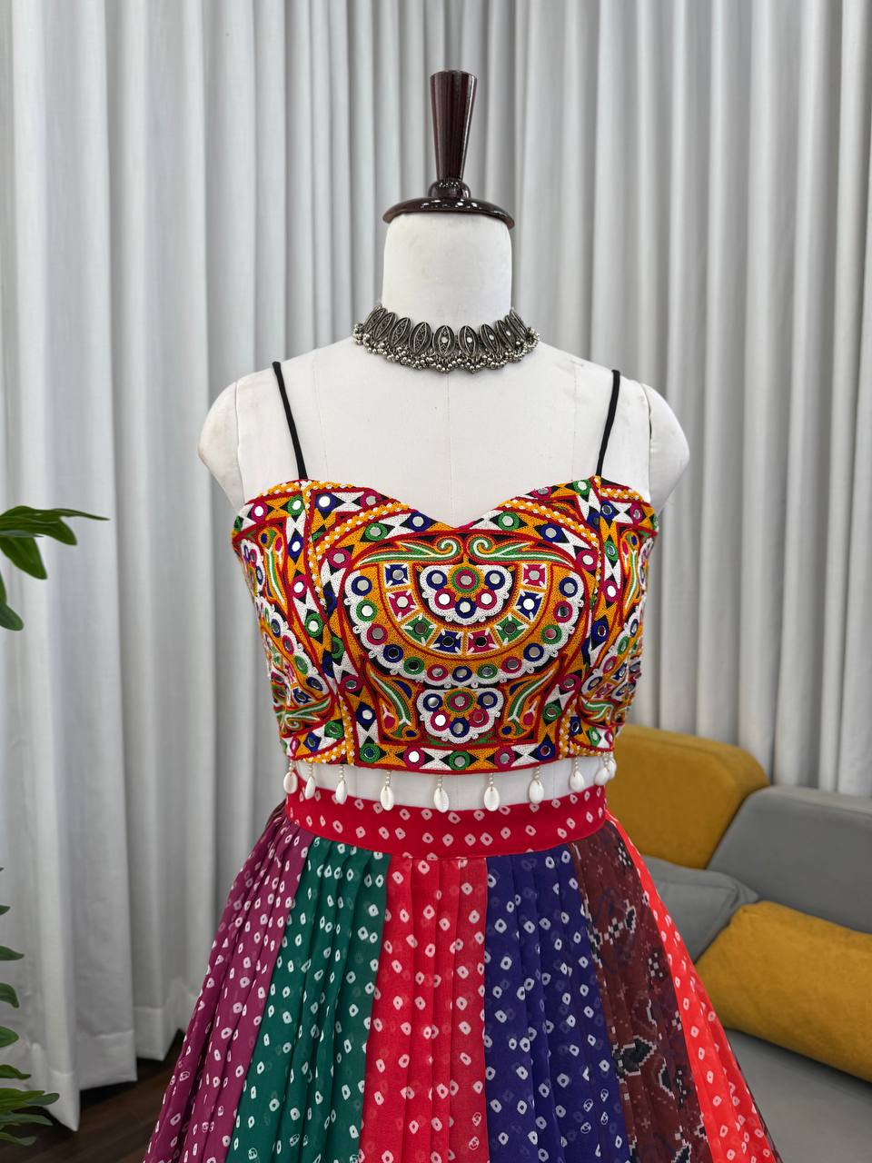 Lehenga with Digital Print & Gamthi Mirror Work Blouse