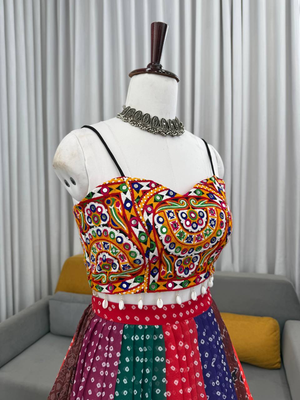 Lehenga with Digital Print & Gamthi Mirror Work Blouse
