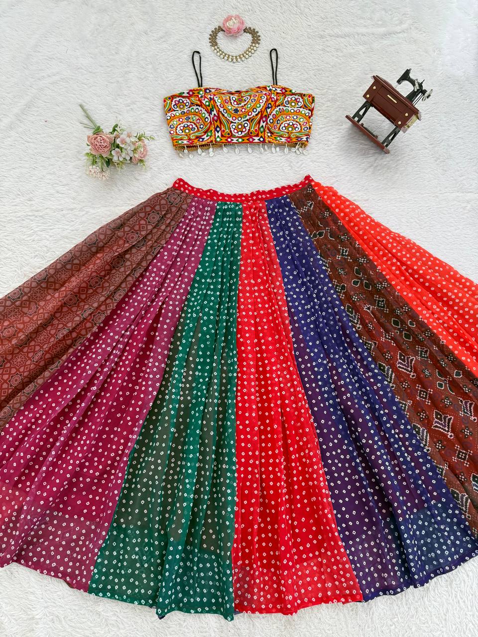 Lehenga with Digital Print & Gamthi Mirror Work Blouse
