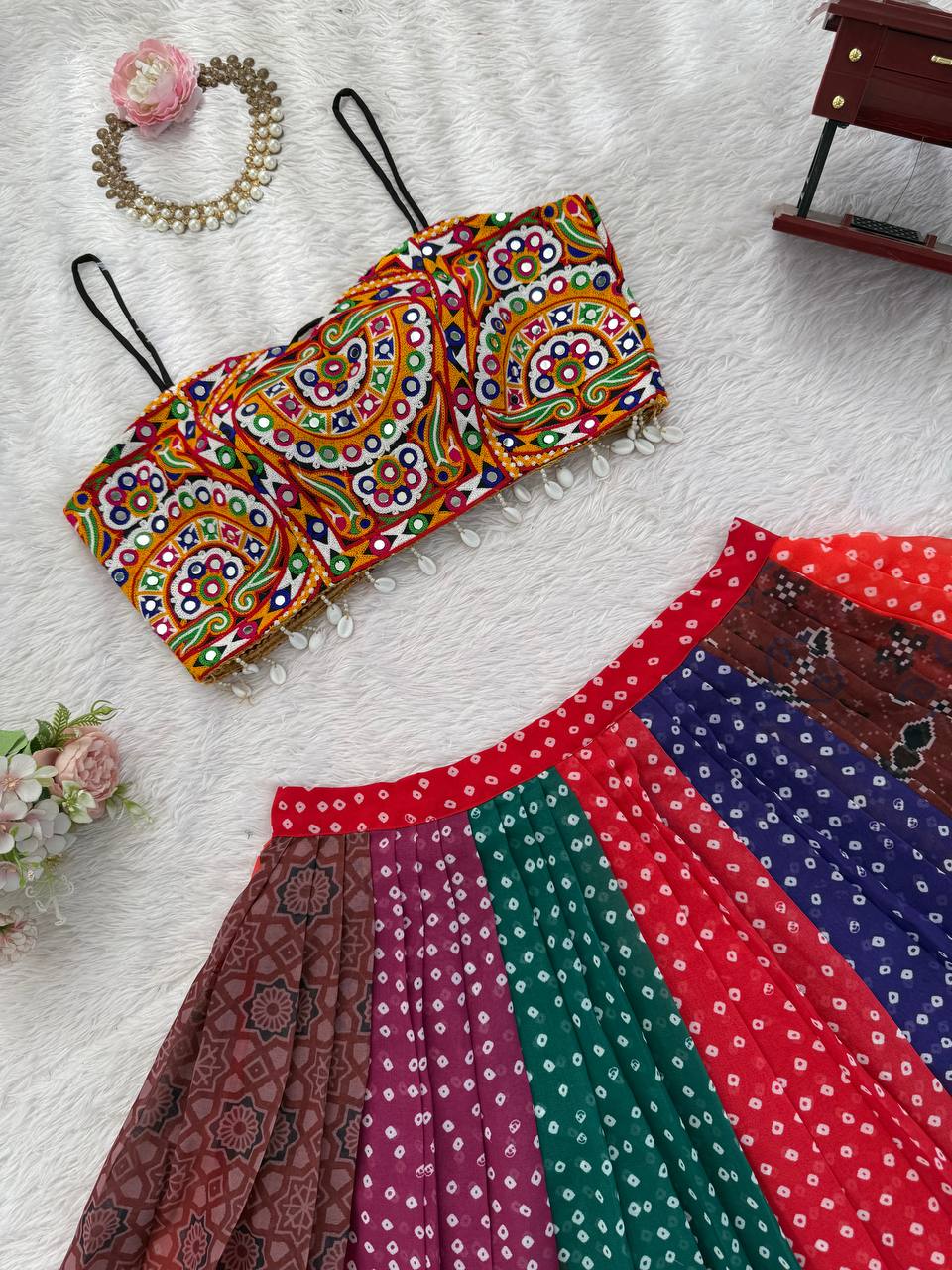 Lehenga with Digital Print & Gamthi Mirror Work Blouse