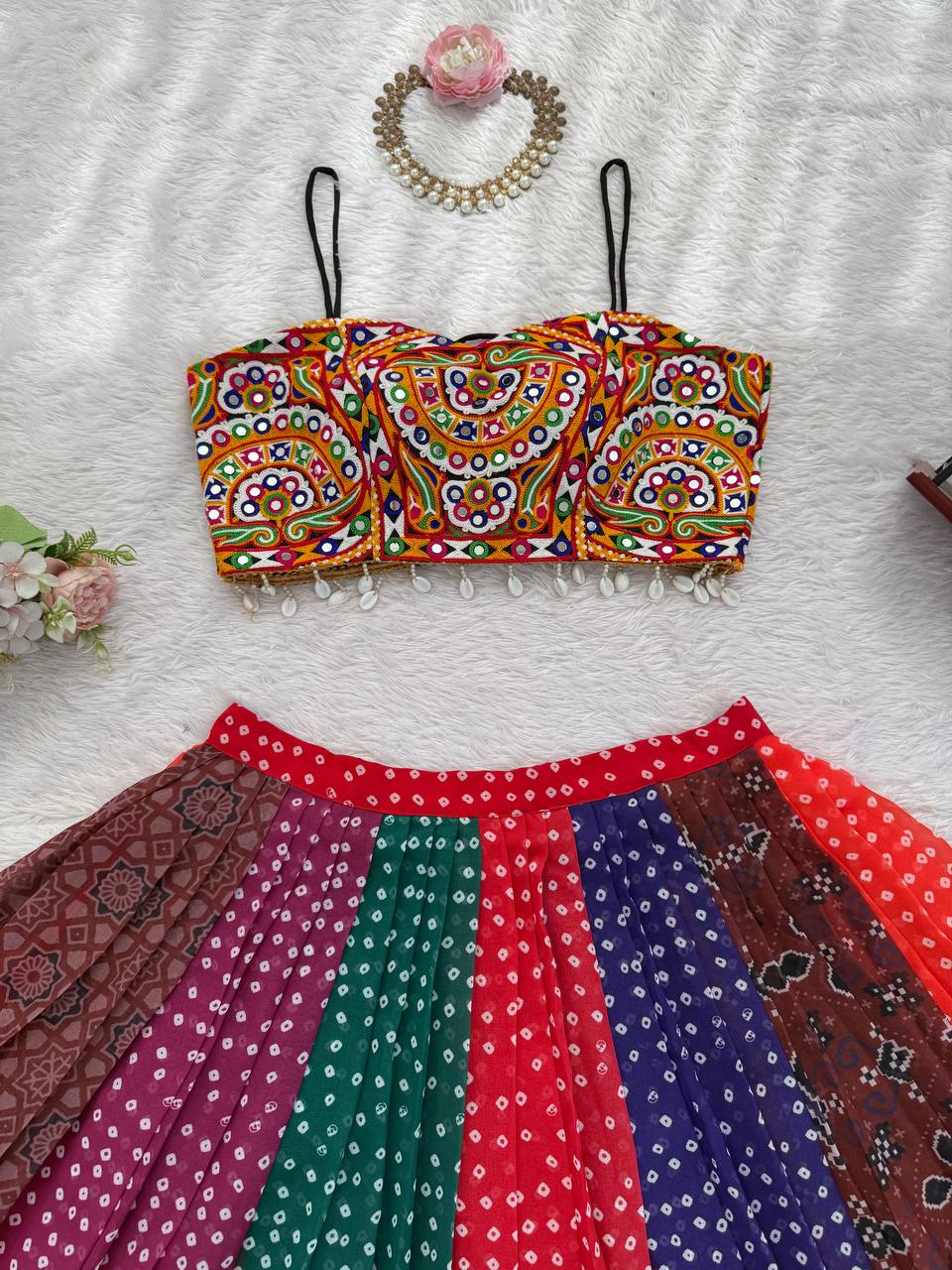 Lehenga with Digital Print & Gamthi Mirror Work Blouse