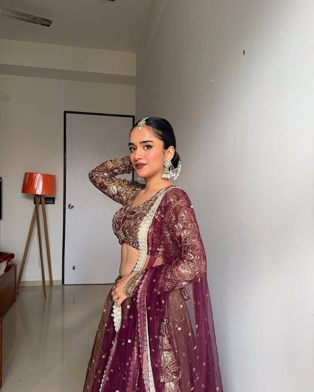 Jimi Choo Sequin Embroidered Semi-Stitched Lehenga with Butterfly Net Dupatta