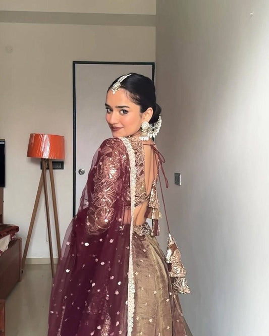 Jimi Choo Sequin Embroidered Semi-Stitched Lehenga with Butterfly Net Dupatta