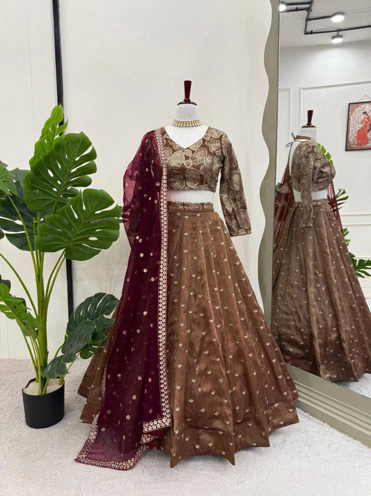 Jimi Choo Sequin Embroidered Semi-Stitched Lehenga with Butterfly Net Dupatta