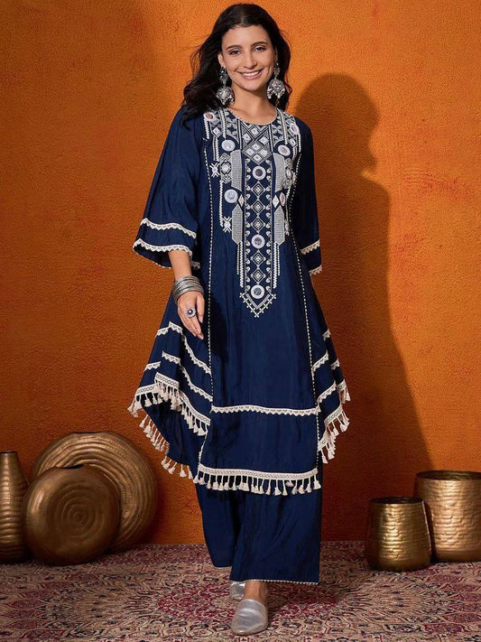 Rayon Cotton 2-Piece Set with Real Mirror Work & Fancy Lace Detailing