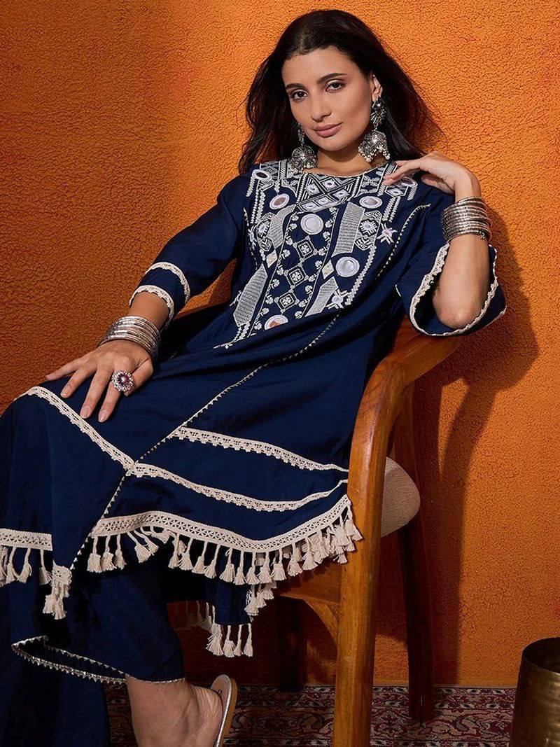 Rayon Cotton 2-Piece Set with Real Mirror Work & Fancy Lace Detailing